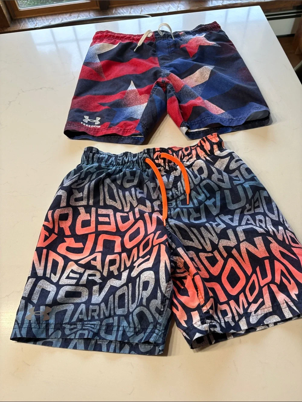 Under Armour Kids' Navy & Red Star Swim Shorts + Navy & Coral Logo Swim Trunks